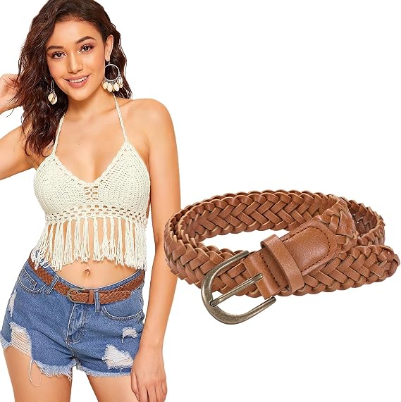 WHIPPY Women Braided Belt Skinny Casual Soft Faux Leather Woven Belt for Jeans Pants