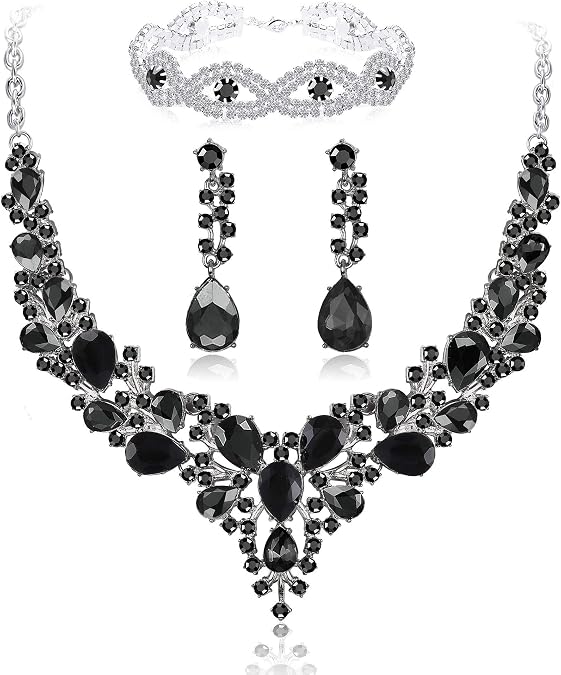 Rhinestone Bridal Jewelry Sets for Women Crystal Necklace Earrings Bracelet Set Silver-Tone Wedding Bridal Bridesmaid Gifts fit with Wedding Dress