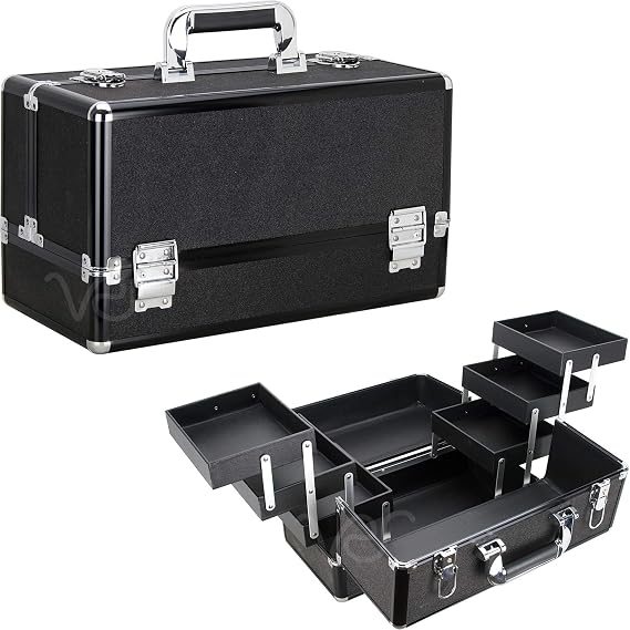 Ver Beauty 6-tiers Accordion Trays Professional Cosmetic Makeup Train Case Organizer Travel Brush Holder - Vk3203, black glitter (VP001-51)