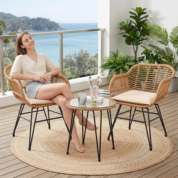 3 Piece Outdoor Wicker Furniture Bistro Set, Rattan Chairs Conversation Sets Wicker Patio Furniture for Balcony Poolside Backyard, Beige