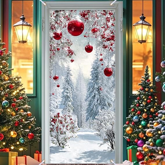 Nuxovilar Snow Scene Door Cover with Red Accents Polyester 35x71 Inches