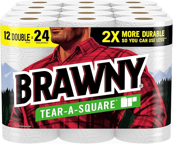 Brawny Tear-A-Square paper towels, 12 double rolls = 24 regular, 3 sheet sizes (quarter, half, full), strength for all messes, cleanups, and meal prep