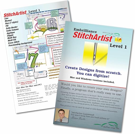 Embrilliance StitchArtist Level 1 Machine Embroidery Digitising Software & World Weidner Stabiliser Bundle