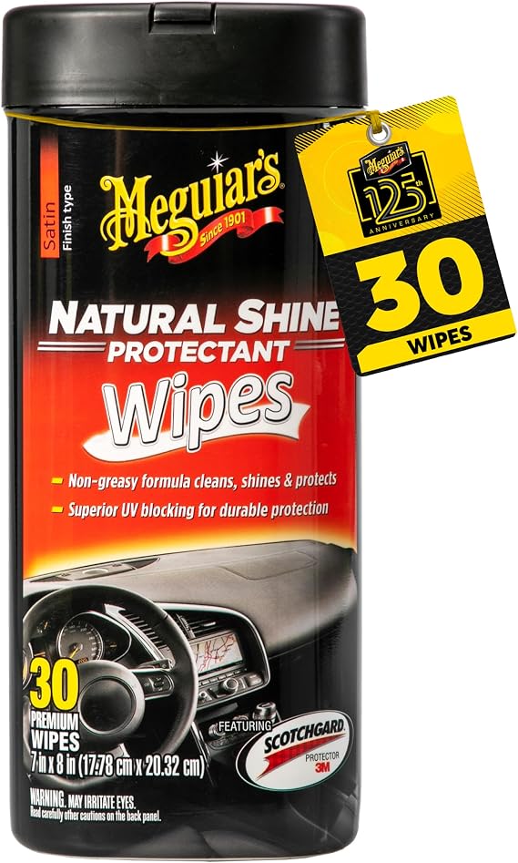 Meguiar's Natural Shine Protectant Wipes - 30 Full Size Car Care Wipes Clean and Protect Vinyl, Rubber, and Plastic Surfaces - Streak-Free Wipes with UV Protection and Leave a Satin, Non-Greasy Shine