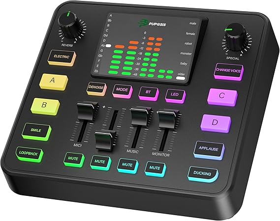 PUPGSIS Gaming Audio Mixer, Audio Interface for pc,1/4" TRS Dynamic Mic interface,Sound Board With voice changer, Pro-Preamp, Noise Cancellation, RGB, Bluetooth For Streaming/Podcasting/Gaming