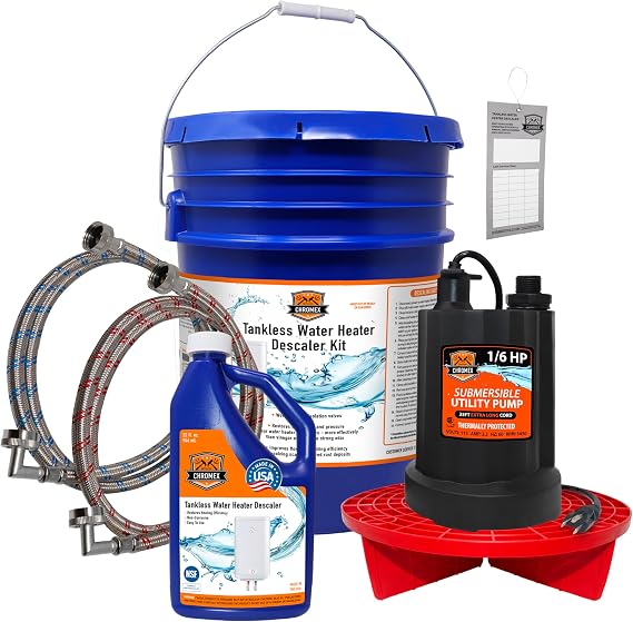 Chromex Tankless Water Heater Flush Kit with NSF Certified Liquid Descaling Solution and Right Angle Inlet Hoses & 1/6HP Extra Strength Pump