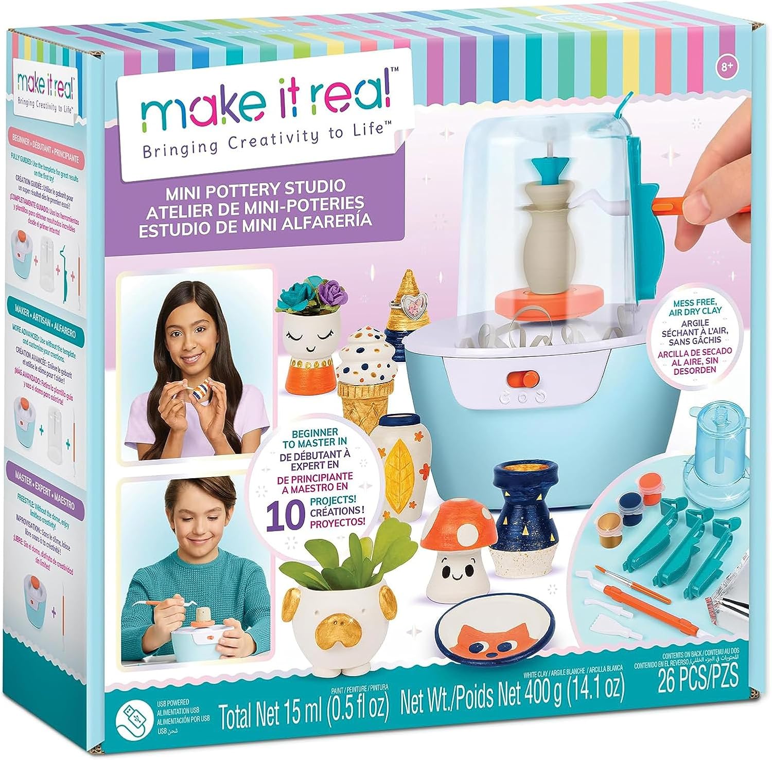 Make It Real: Mini Pottery Studio - 26 pcs DIY Pottery Kit, Mess Free Air Dry Clay, 10 Projects, Tweens, Girls & Kids Ages 8