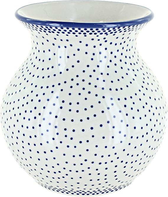 Blue Rose Polish Pottery - Blue Small Dots Medium Vase - 6" Tall - Ceramic Flower Vase, Decorative Floral Design for Table, Shelf or Mantel Decor