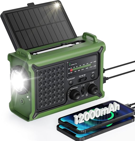 Emergency Weather Radio with Large Solar Panel, Real 12000mAh Battery | Efficient Hand Crank, AM/FM/NOAA Bands, LED Flashlight, Reading Lamp, SOS Alarm & Phone Charger for Camping & Emergencies