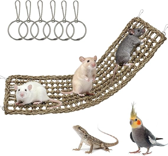30x7inch Rat Climbing Toys for Cage, Chewable Natural Seagrass Mat with Metal Hooks, Soft Fall Breakers for Rats, Rat Ladder Bridge Toy with Mild Grassy Scent, Rodent Hammock Cage Accessories