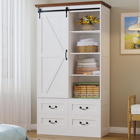 IRONCK Armoire Wardrobe Closet with 4 Drawers, Sliding Barn Doors, White