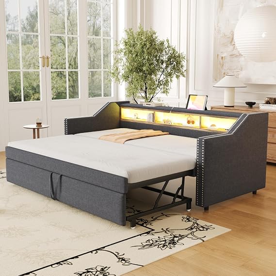 Dolamaní Day Bed 90/180 x 190 cm with Guest Bed Trundle Bed Same Height Bed Extendable to Double Bed Sofa Bed for Adults 2 People Linen (Dark Grey B)