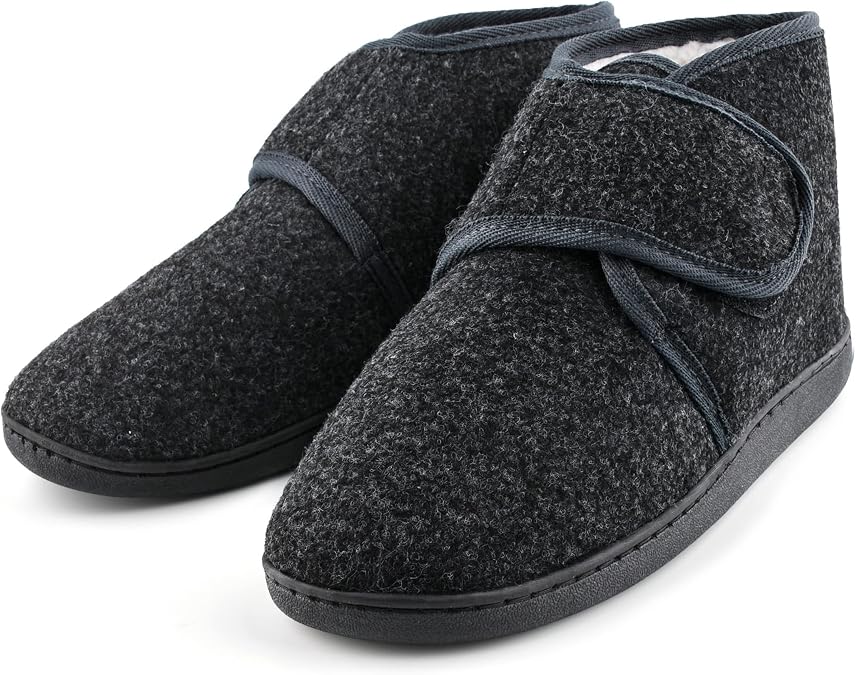 TIESTRA Mens Winter Warm Fuzzy Cozy Memory Foam Hook & Loop House Shoes Diabetic Arthritis Edema Swollen Indoor Outdoor Comfortable Adjustable Bootie Slippers
