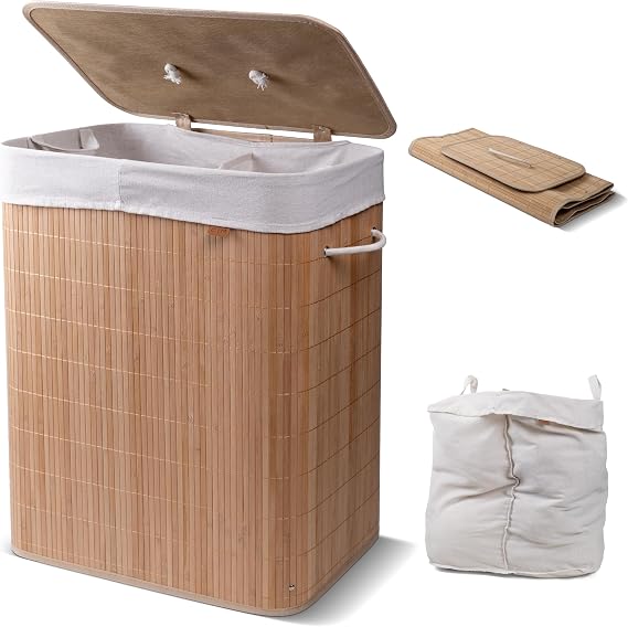 CleverMade Bamboo Laundry Hamper With Lid, 103L Double Sorter, LUXE Natural