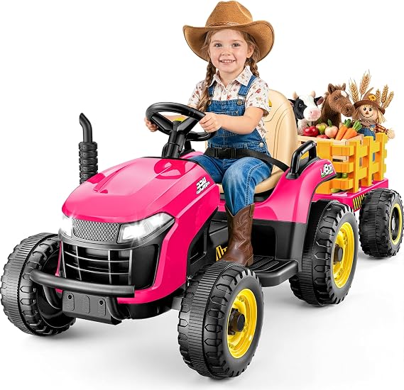ARBELI 12V 7AH Kids Ride On Tractor w/Trailer & Remote Control, Pink
