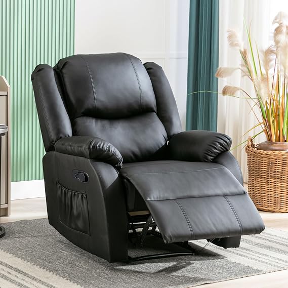 BTM Recliner Chair for the Elderly, Fabric Upholstered Chair with Side Pockets, Adjustable Recliner Armchair for Living Room/Bedroom,Black