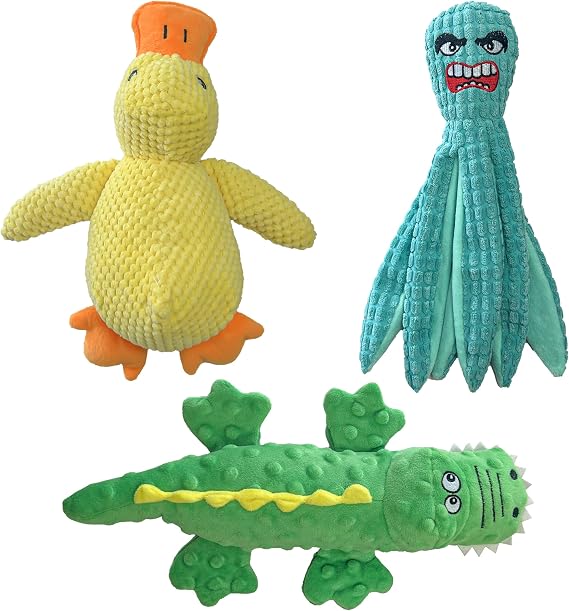 Squeaky Dog Toys to Keep Them Busy Squeaky Dog Toys with Soft Fabric, for Small, Medium Dogs for Daily Interaction, Companion Training 3Pcs (Crocodile, Duck, Octopus)