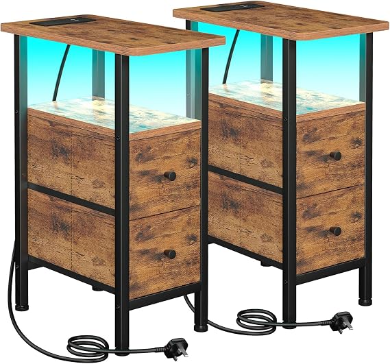 LOAKEKEL Slim Bedside Table Set of 2 with Charging Station, Narrow Side Table with LED Lights, Sofa Table with 2 Fabric Drawers, Nightstand for Small Spaces, Living Room, Bedroom, Brown UHETNDP02PLBR