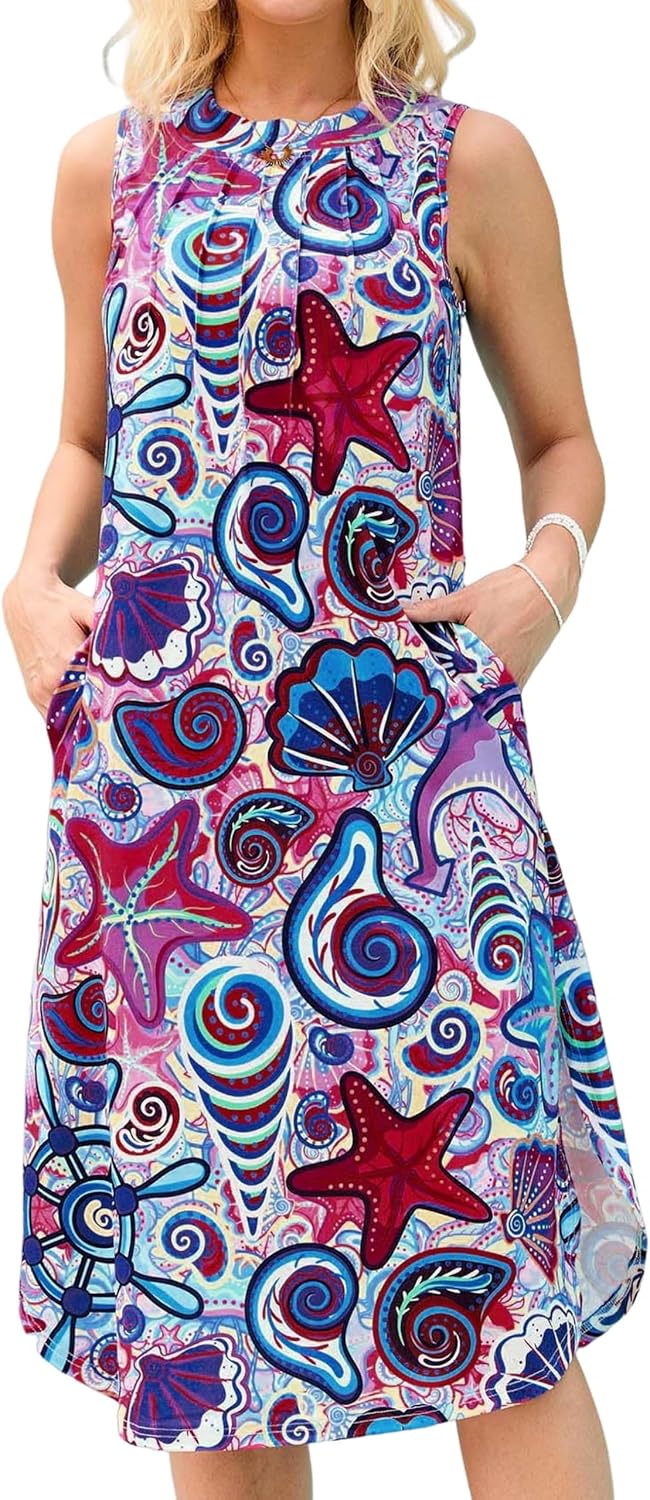 MAKABO Womens Sundress, 2025 Sleeveless Round Neck Casual Fashion Beach Tank Summer Dresses with Pockets Pleated Front Dress