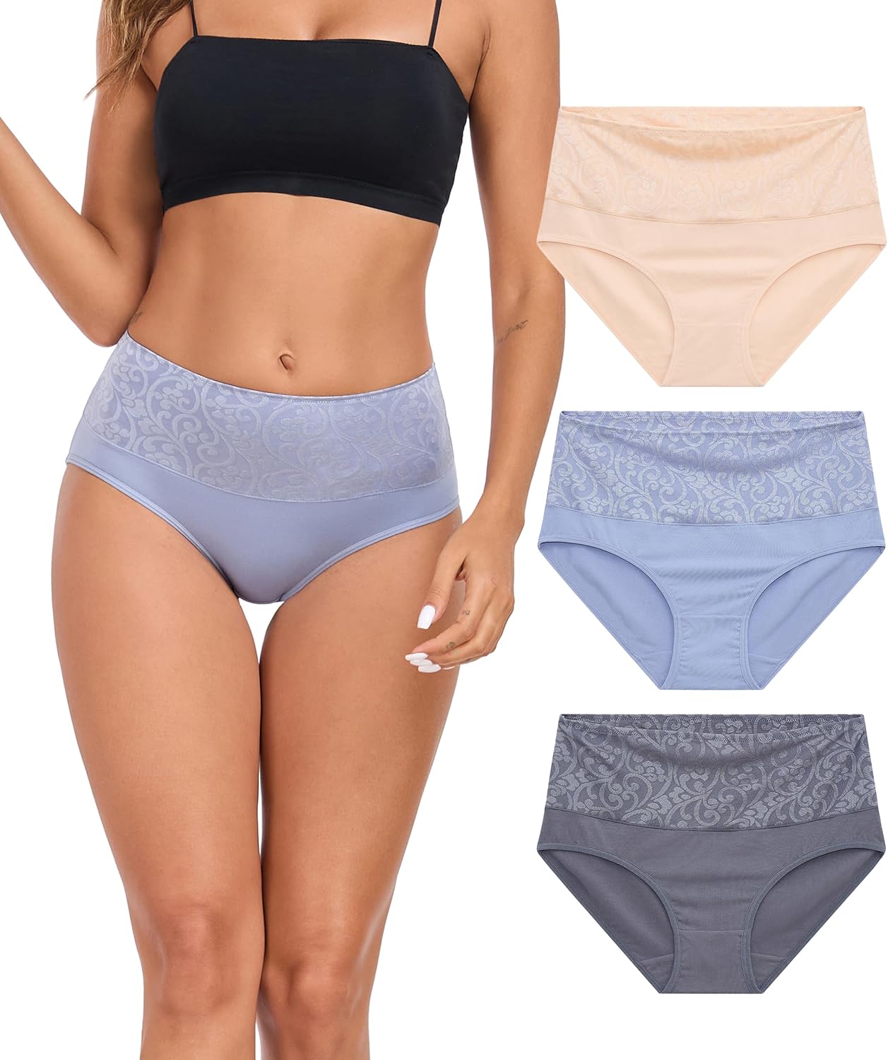 ANLIQI Womens Briefs Cotton Underwear High Waist Tummy Control Hipster Panties Pack Full Coverage Soft Breathable Undies