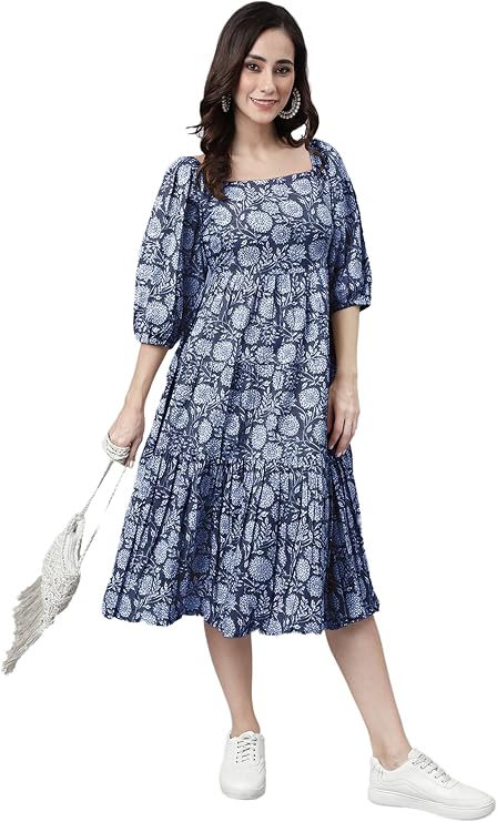 Janasya Women's Cotton Blue Comfort Summer Dress for Women