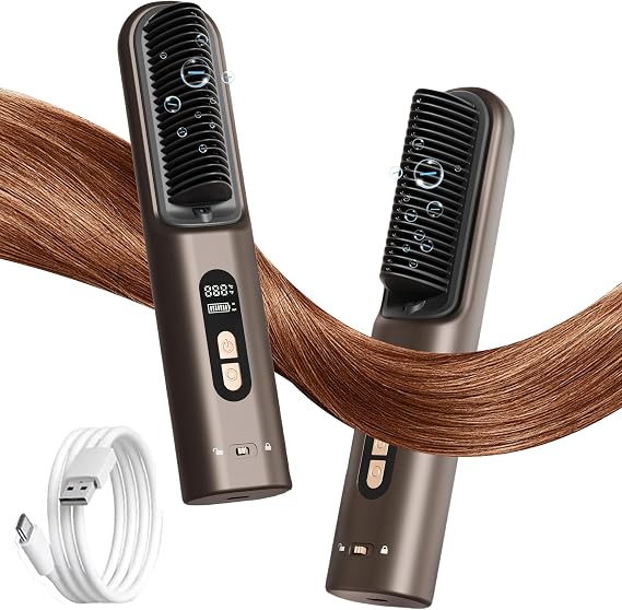 Cordless Hair Straightener Brush 300 Million Negative Ionic Portable Hair Straightener Comb for Women, Fast Heating, Touch Up On-The-Go, Gift for Women