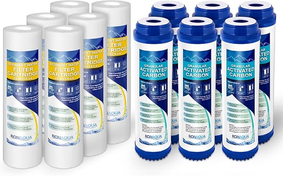 Polypropylene Sediment Water Filter Cartridge 6 Pack,20 Micron 4 Layers of Filtration 10"x2.5" & 6 Pack Granular Activated Carbon Coconut Shell Filters, Removes Sand, Dirt, Silt, Rust, Chlorine, Taste