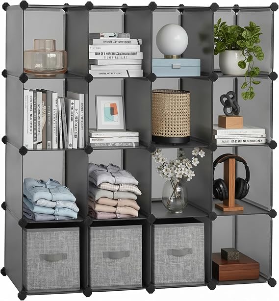 SONGMICS 16-Cube Storage Unit, Shoe Rack, DIY Shelving System, Stackable Cubes, PP Plastic Shelf, Wardrobe, Closet Divider, for Bedroom, Office, 31 x 123 x 123 cm, Grey LPC442G01