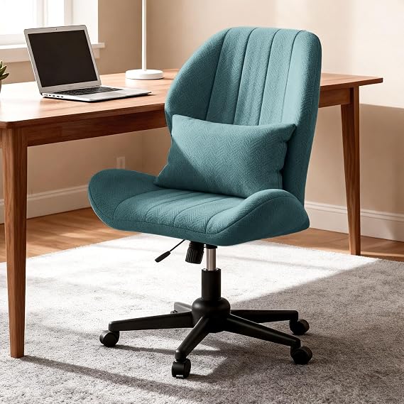 Criss Cross Chair with Wheels, Wide Cross Legged Office Chair Armless Comfy Desk Chair with Tall Back Vanity Chairs with Stress Relief Curved Design Seat for Bedroom & Office & Home Blue