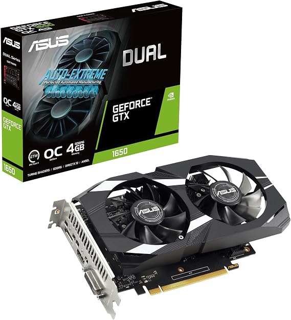 ASUS Dual GeForce GTX 1650 V2 OC Edition 4GB GDDR6 (PCIE 3.0, 4GB GDDR6 Memory, HDMI 2.0b, DisplayPort 1.4a, DVI-D, IP5X Dust, Auto-Extreme),