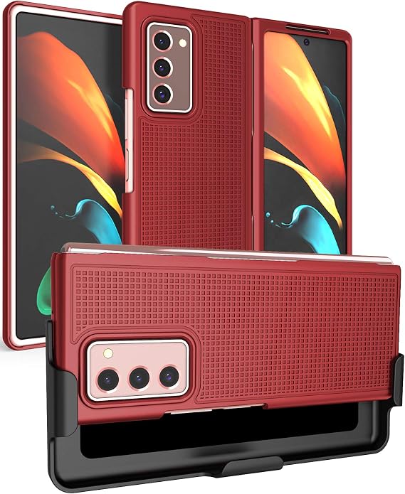Holster Combo for Samsung Galaxy Z Fold 2 Phone Case with Belt Clip - Red | Slim Hard Shell and Rotating Holder, Kickstand View Stand, Texture, Matte, For Z Fold2 5G (SM-F916)