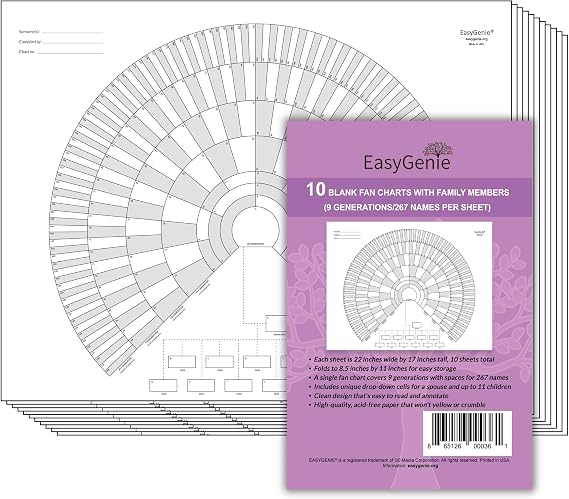 EASYGENIE 10 Genealogy Fan Charts, 9 Generations/267 Names