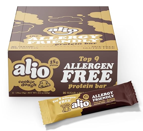 Alio Protein Bars - Cookie Dough (12 Bars) Free From The Top 9 Food Allergens, High Protein, Low-Calorie, Vegan, Gluten-Free, Nut-Free, Non-GMO, Plant-Based, Seed Oil Free, Delicious & Healthy Snack