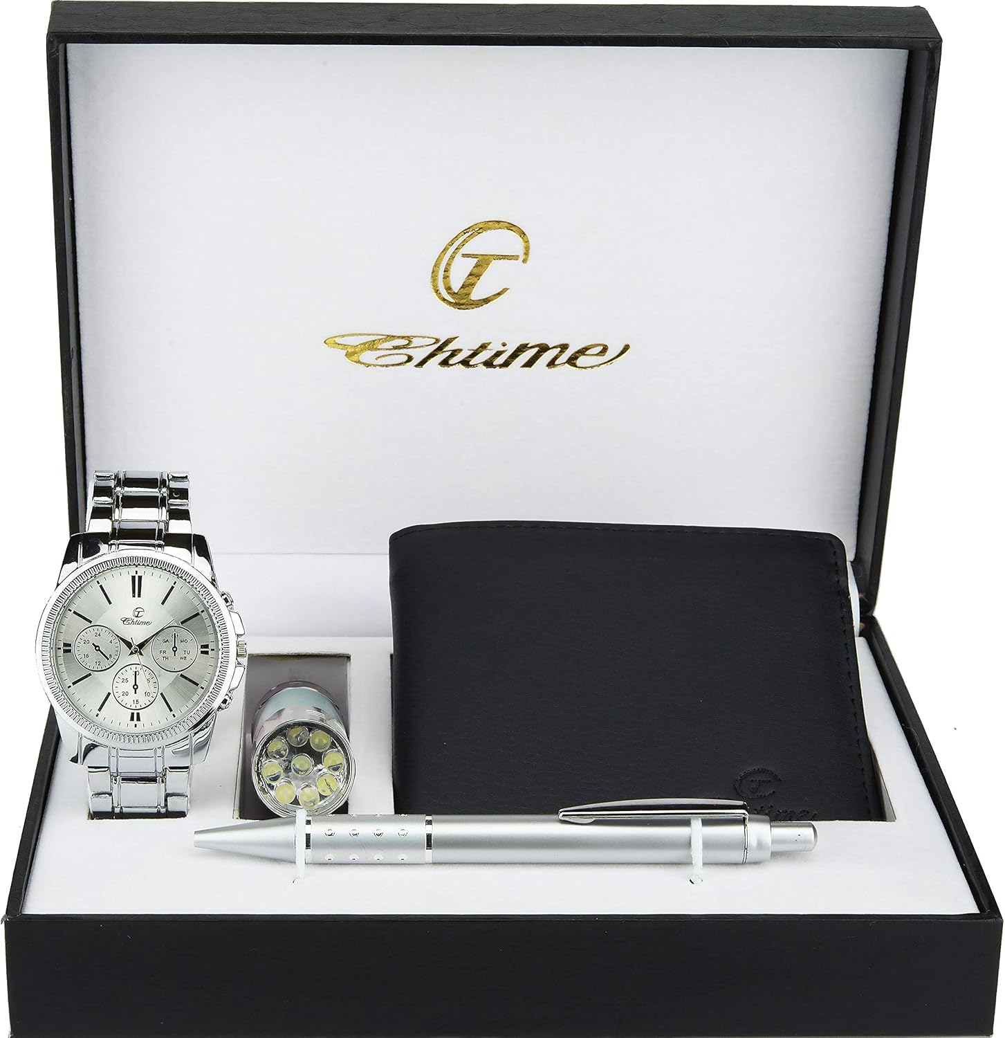 BELLOS Men's Watch Gift Box – LED Lamp – Wallet – Pen, Silver, 42, Bracelet, Silver, 42, Bracelet