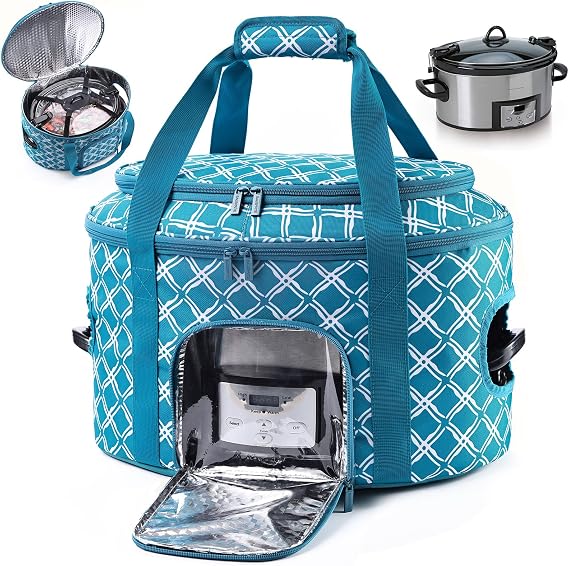 BAGSPRITE Double-layer Slow Cooker Carrying Case for Crock Pot 6-8 Quart, Insulated Crockpot Carrier with Adjustable Lid Straps,Portable Slow Cooker Travel Bag for Potluck, Parties, Family Gatherings