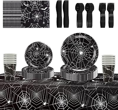 96 Pcs Halloween Paper Plates And Napkins Disposable Spider Web Halloween Party Supplies Set Include Paper Cups Forks Tableware Set Dessert Plates for Party Decorations Black
