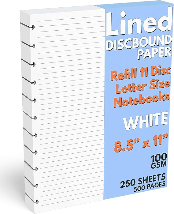 Discbound Letter Size Lined Paper Refill, 250 Sheets (500 Pages), 8.5 in x 11 in, 100 GSM, 11 Disc Notebooks