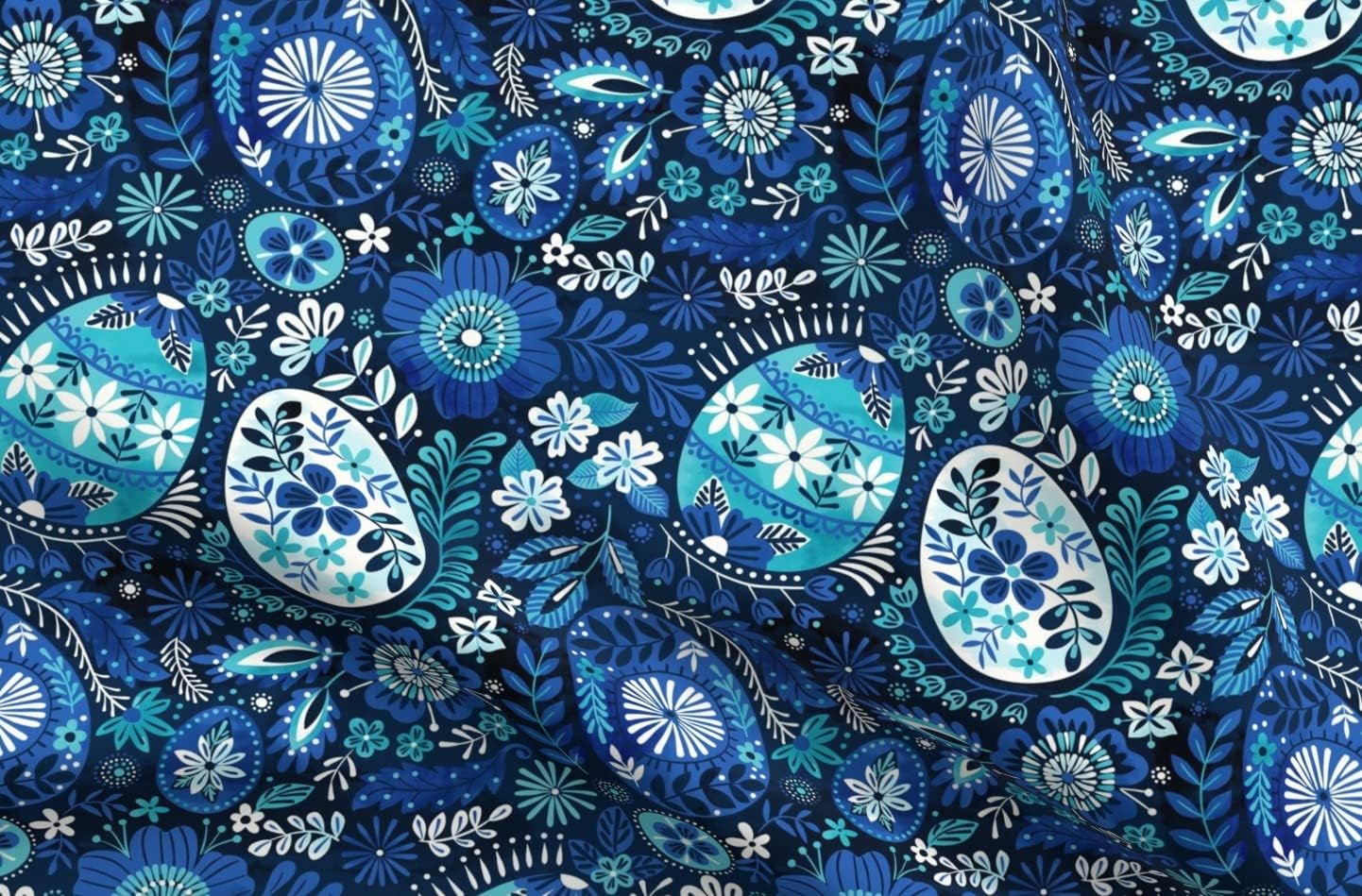 Spoonflower Fabric - Pysanky Blue Egg Easter Folk Art Floral Printed on Upholstery Velvet Fabric Fat Quarter - Upholstery Home Decor Bottomweight Apparel