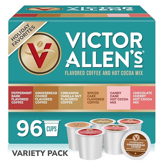 Victor Allen's Coffee & Cocoa Variety Pack, 96 Count, Single Serve Pods | Medium roast flavored k cups, 6 holiday flavors, Keurig compatible, 100% Arabica coffee, Kosher OU-D dairy
