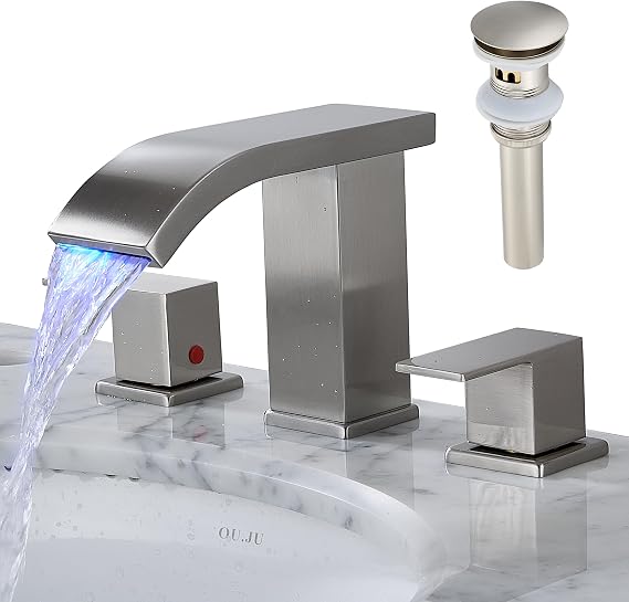 Bathroom faucets 3 Hole Widespread Brushed Nickel Bathroom Sink Faucet 8 inch LED Light Modern 3 Hole Vanity Faucet Bathroom with Pop Up Drain (Brushed Nickel)