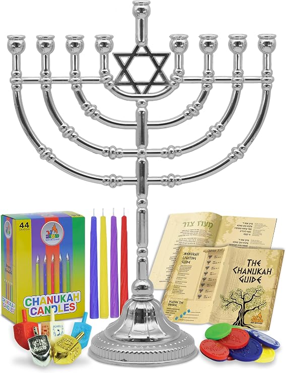 Hanukkah Menorah Complete Set - Menorahs for Chanukah - Includes Menorah, Hanukkah Candles, Dreidels, Play Coins, Chanukah Guide