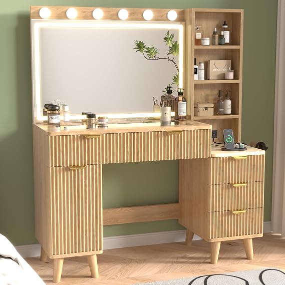 47" Fluted Makeup Vanity Desk with 32" Mirror and Lights, Dressing Table Set with Charging Station for Bedroom, Modern Glass Top Large Vanity Table with 5 Drawers and 2 Storage Cabinets-Gold