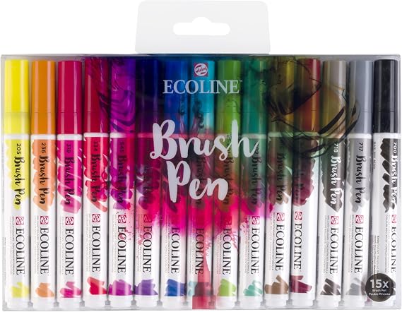 Talens Ecoline Brush Pen Set, Flexible Brush Tip Markers, 15 Colors