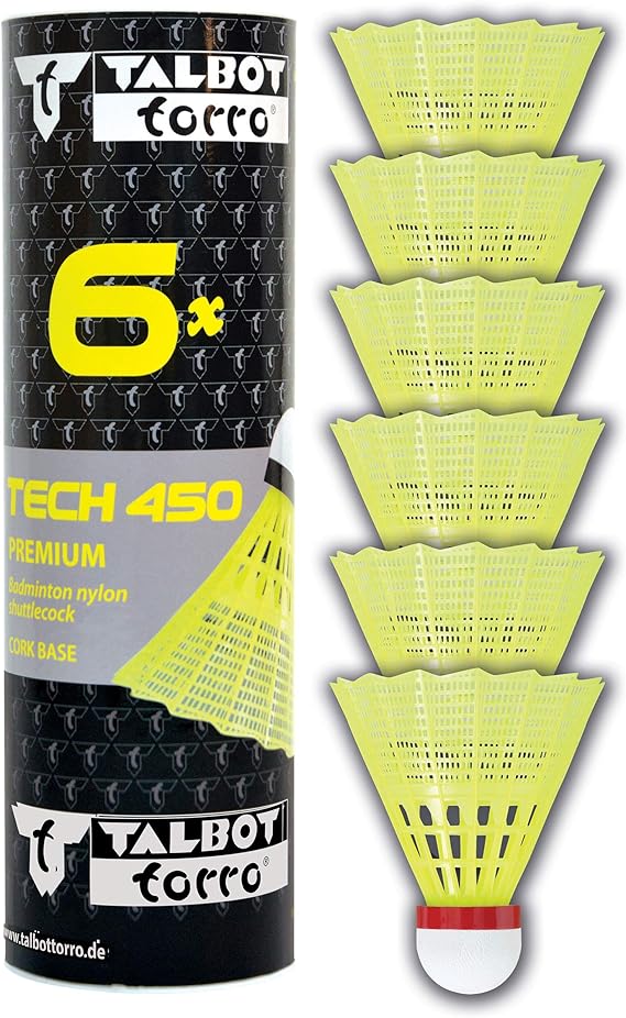 Talbot-Torro Badminton Shuttlecock Tech 450, 6 pieces, Yellow, in Premium Nylon
