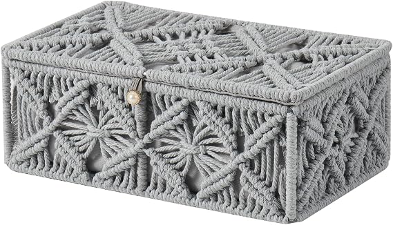 Decorative Boho Storage Baskets with Lid Natural Macrame Boxes | Handmade Cotton Rope Woven Bins, Shelf Desk Organizer Container for Jewelry Memory Keepsake Photo Makeup, Gray, Small