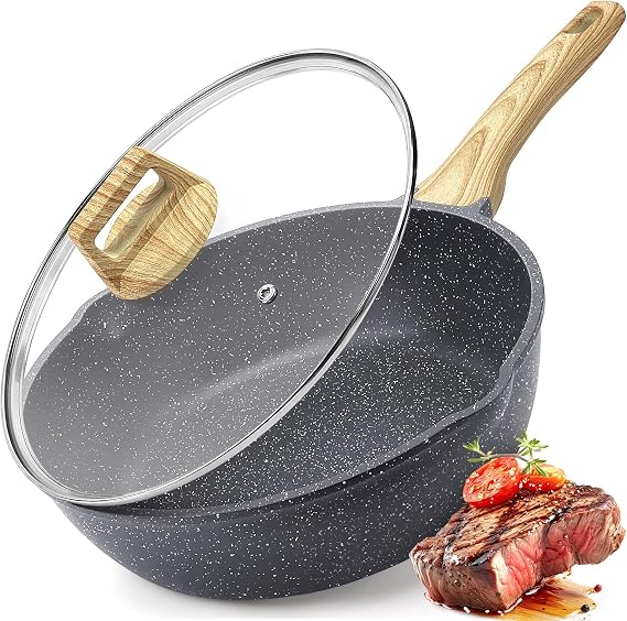 GiPP Nonstick Deep Frying Pan - 4.3L Grey Granite Saute Pan with Lid, Pour Spout and Stay-Cool Handle, Non Stick Skillet Non Toxic Cooking Pan Induction Cookware, PFOA Free(Grey, 28cm)