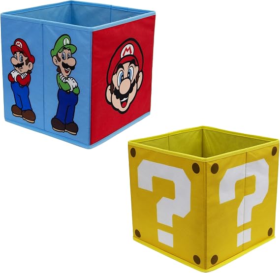 Nintendo Super Mario Officially Licensed Storage Boxes | 2 pack Foldable Storage Cubes Faces Design with Mario and Luigi | Perfect For Organising Children's Room, Kids Playroom, 30 x 30cm
