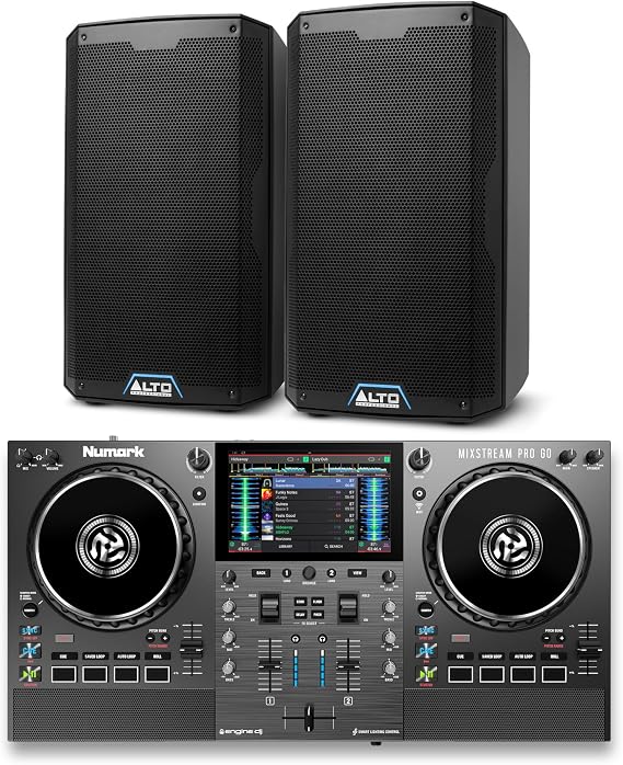 Numark Mixstream Pro Go DJ Controller and ALTO TS412 Powered PA Speakers Pair for Live Music, DJ sets, Events, Music production