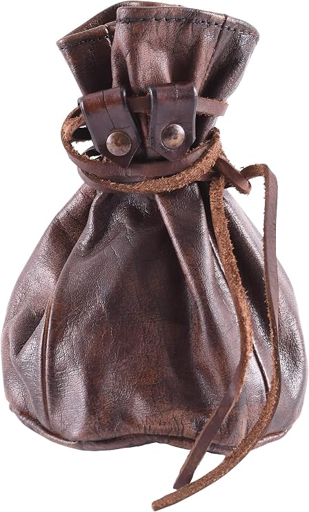 Battle-Merchant Large Leather Drawstring Pouch Medieval Coin & Dice Bag, Brown Genuine Leather Belt Pouch for LARP, Renaissance Costume & Everyday Carry