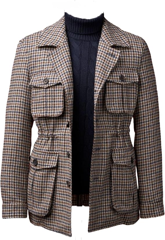 Men's Vintage Herringbone Tweed Blazer Notch Lapel Three Button Winter Wool Blend Western Casual Jacket Sport Coat